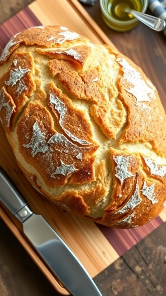 A golden brown no-knead bread loaf on a wooden board with a slice cut to show its airy texture.